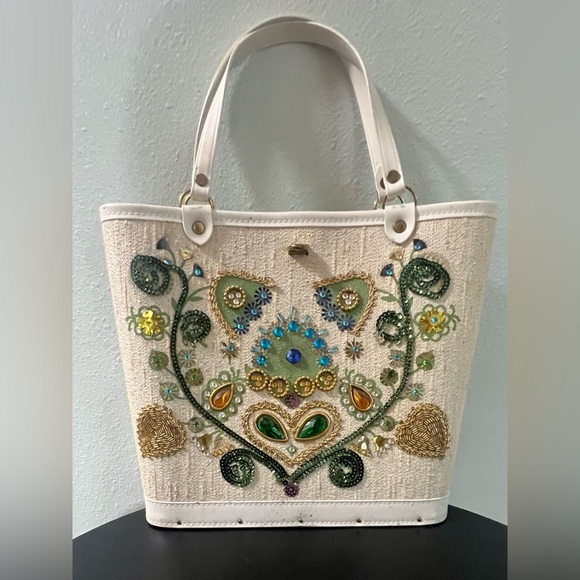 Handbags - Vintage 1960`s Enid Collins Style Jewel Tone Purse Canvas Bucket Tote Handbag